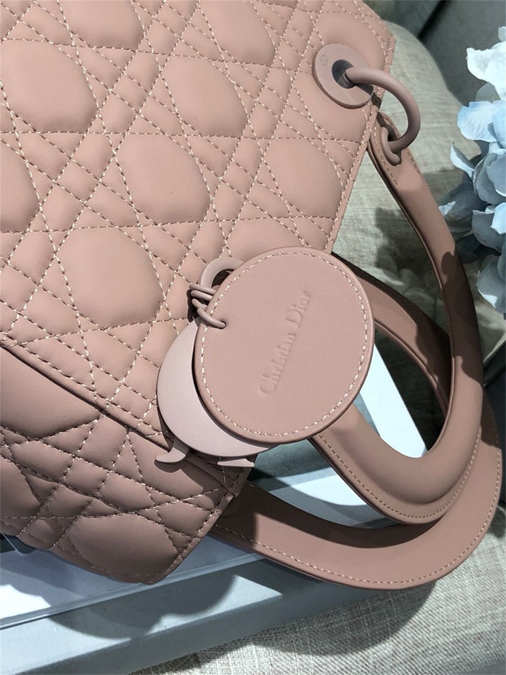 medium lady D*or bag 9.5 x 8 x 4.5 inches