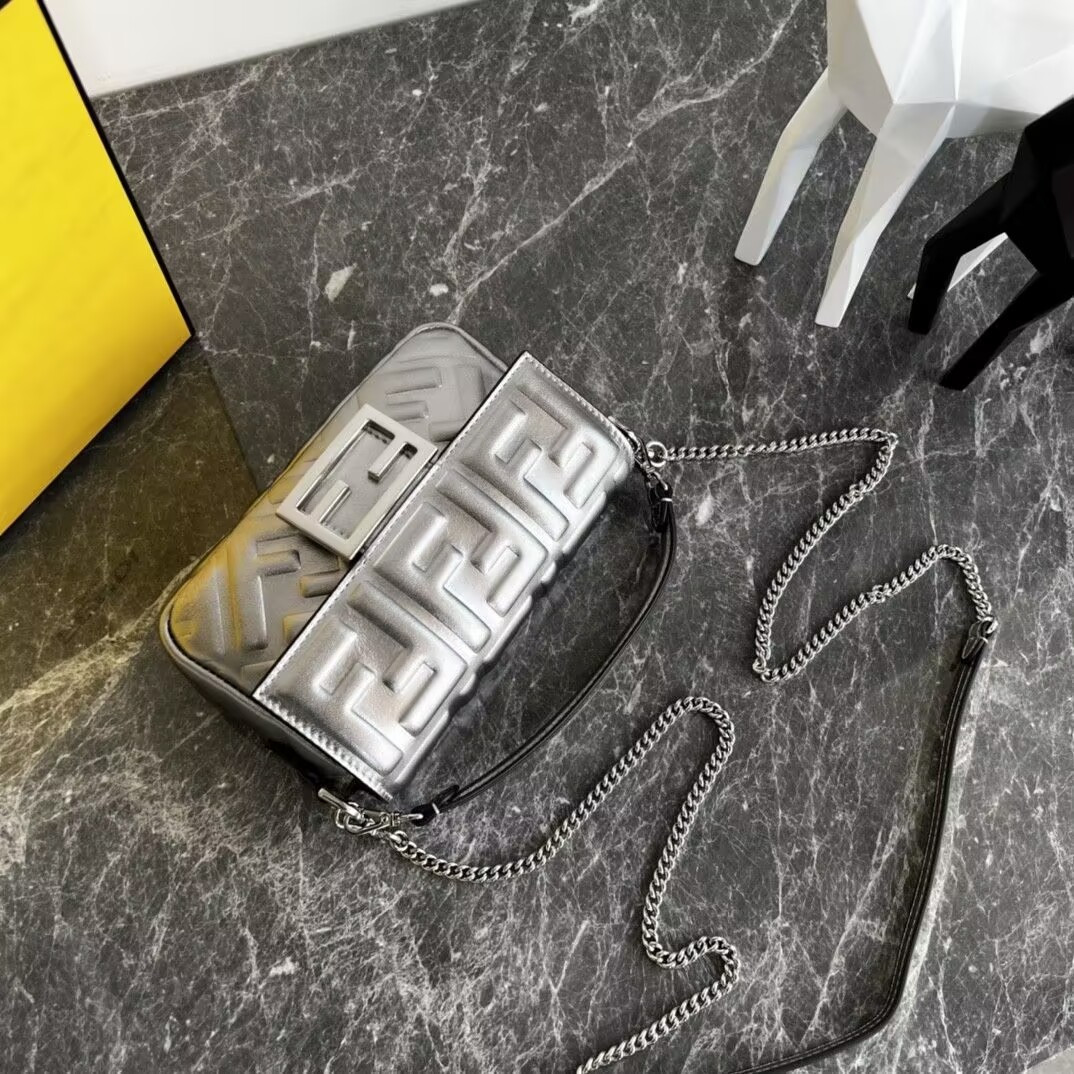 F**di baguette phone pouch craquelé silver leather pouch 19x5x12cm