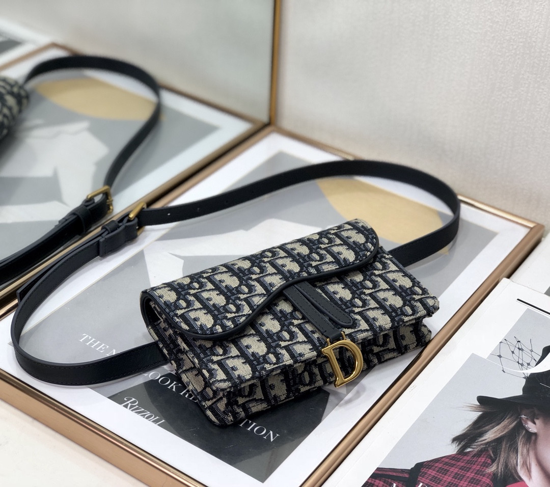 D*or saddle pouch blue D*or oblique jacquard 6.5 x 4 x 1.5 inches