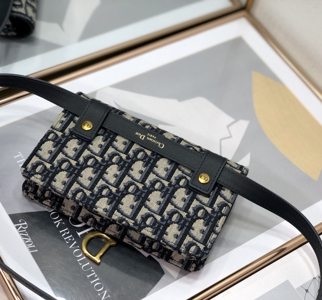 D*or saddle pouch blue D*or oblique jacquard 6.5 x 4 x 1.5 inches