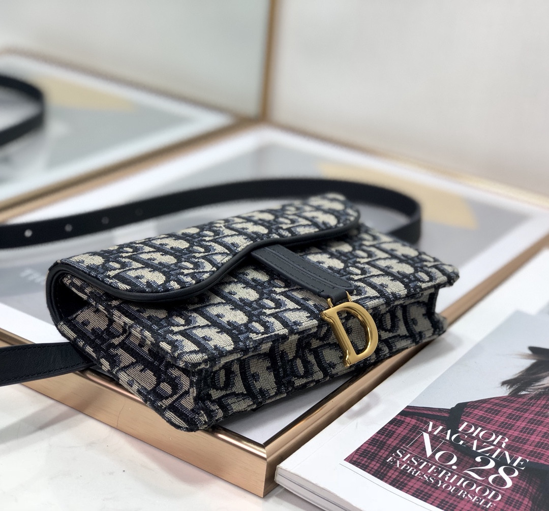 D*or saddle pouch blue D*or oblique jacquard 6.5 x 4 x 1.5 inches