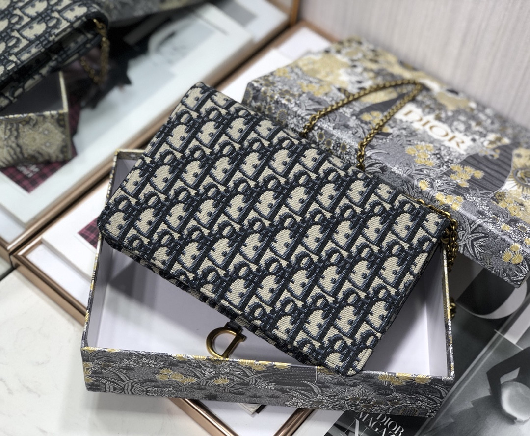 D*or saddle pouch  blue D*or oblique jacquard 8.5 x 5.5 x 1.5 inches