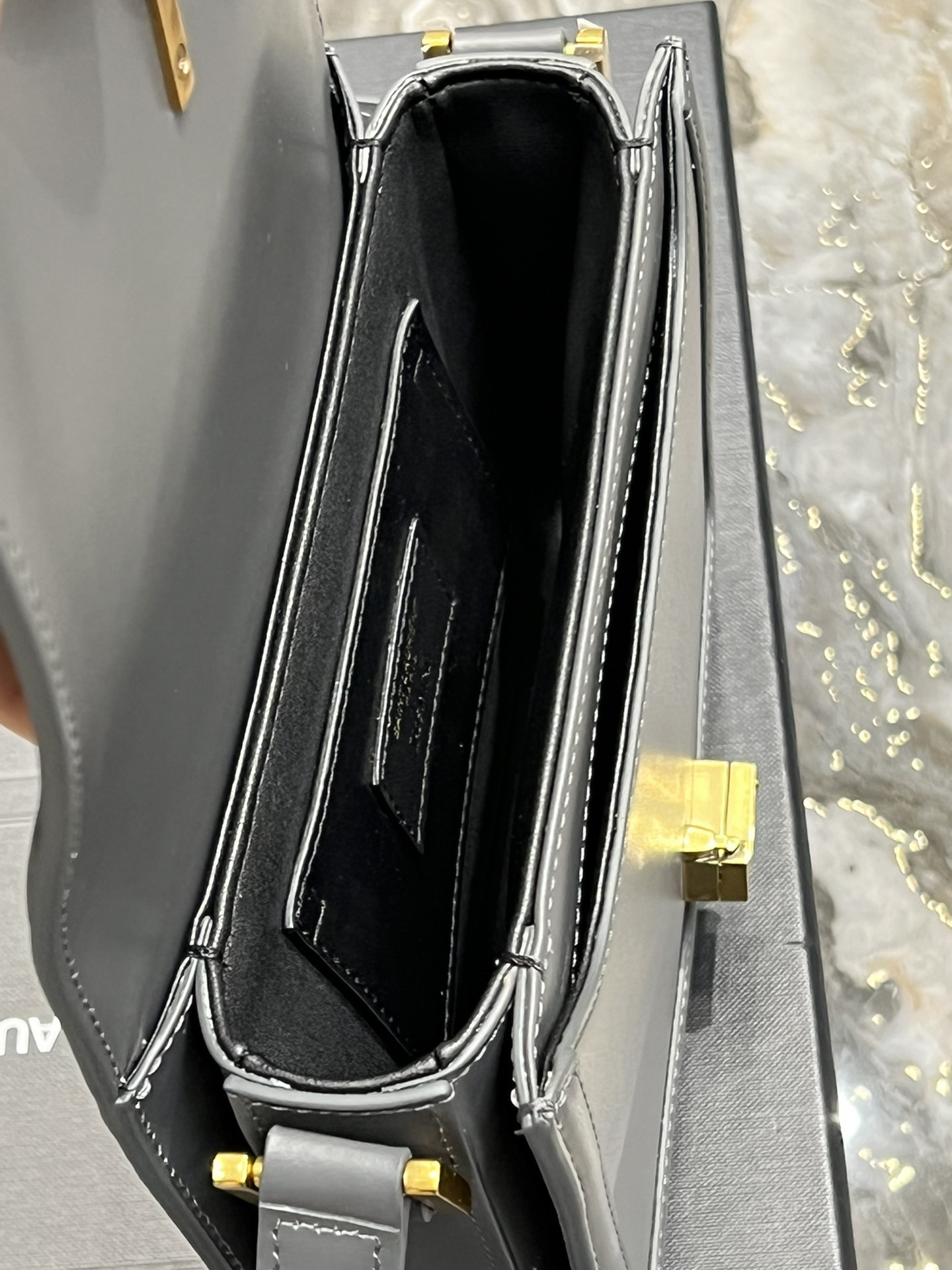 y*l solferino small satchel in box Sa**t Lau*nt storm 7.4 x 5.1 x 1.9 inches