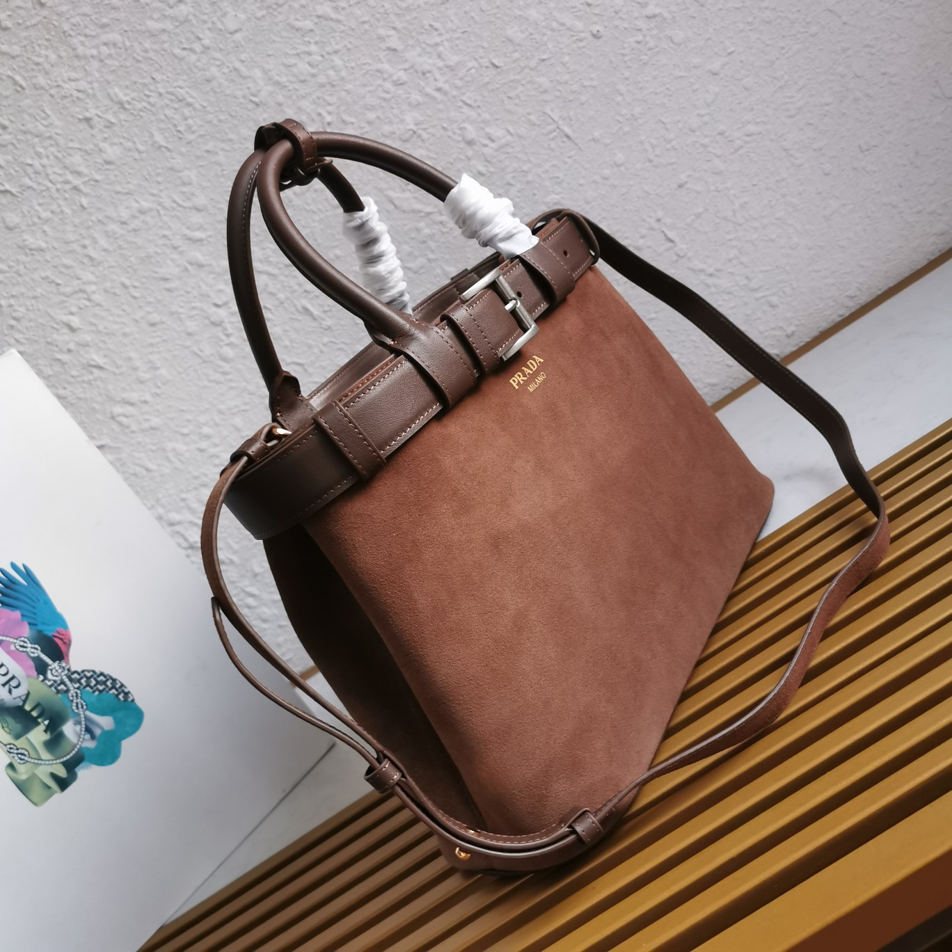 Pra*a large Pra*a buckle suede bag with belt 27.5x37.5x14cm