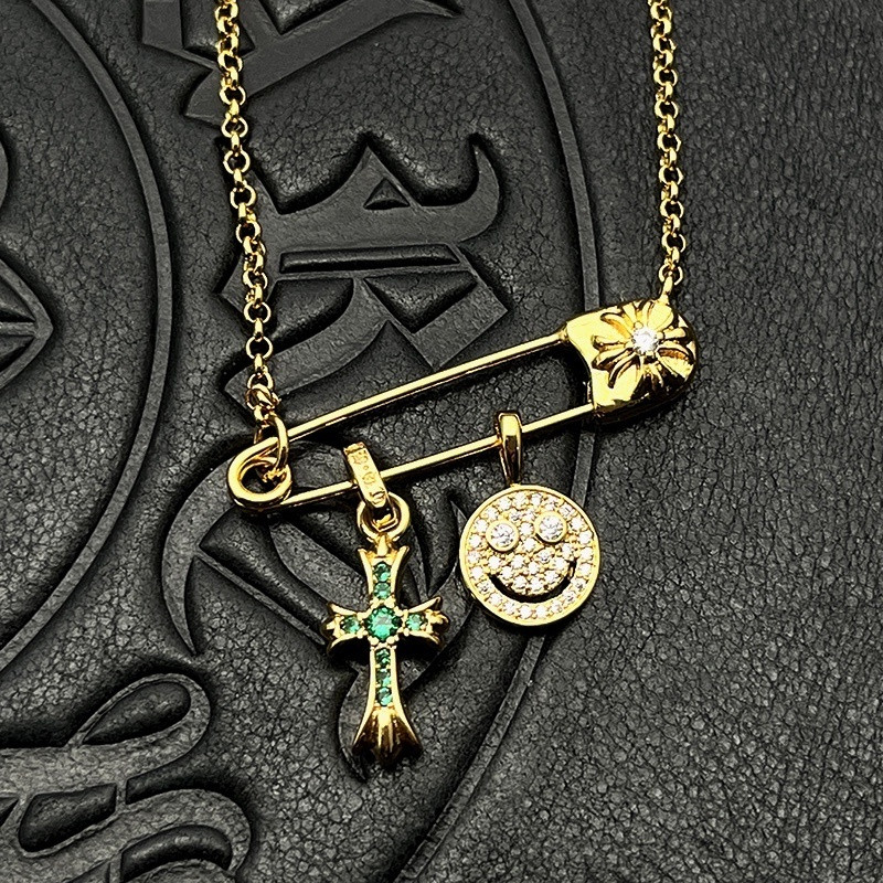 Chrome Hearts Smiley Face Small Cross Necklace (Chain length 45+5cm)