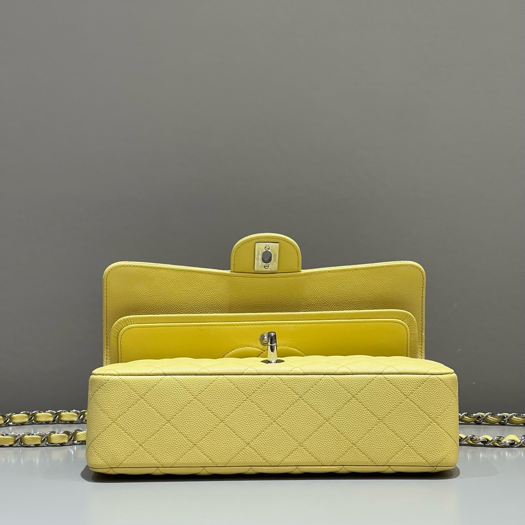 Ch**el CLASSIC HANDBAG GRAINED CALFSKIN & SILVER - TONE METAL Yellow 6×9.9×2.5in