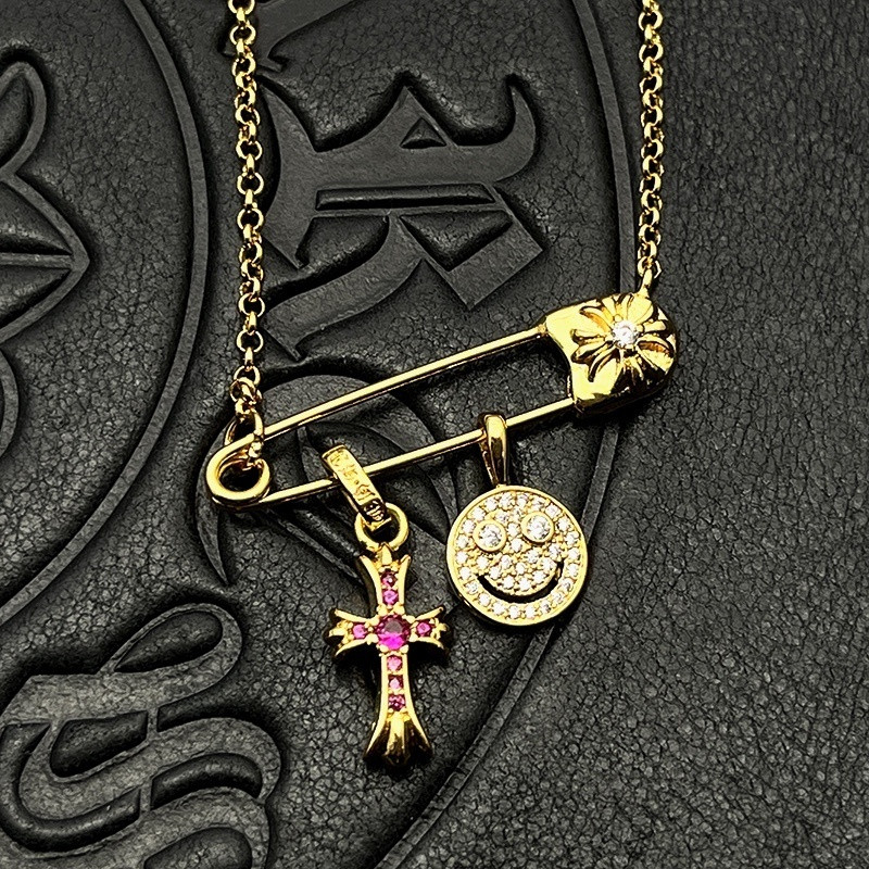 Chrome Hearts Smiley Face Small Cross Necklace (Chain length 45+5cm)