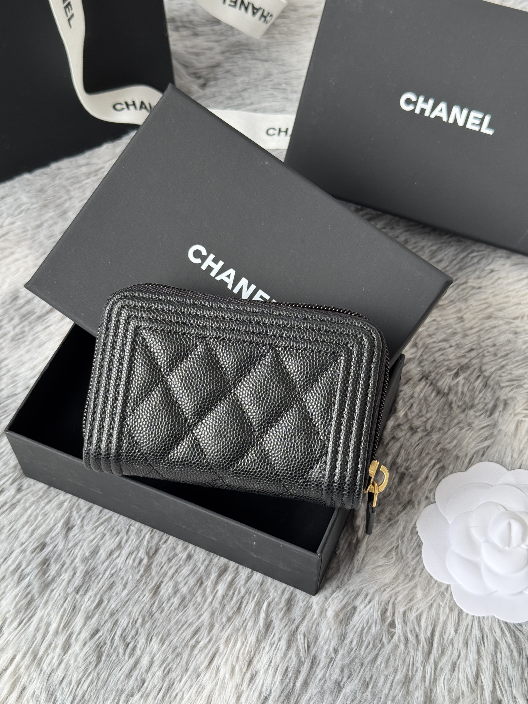 Ch**el boy zip around coin purse wallet a80602 7.5x11cm