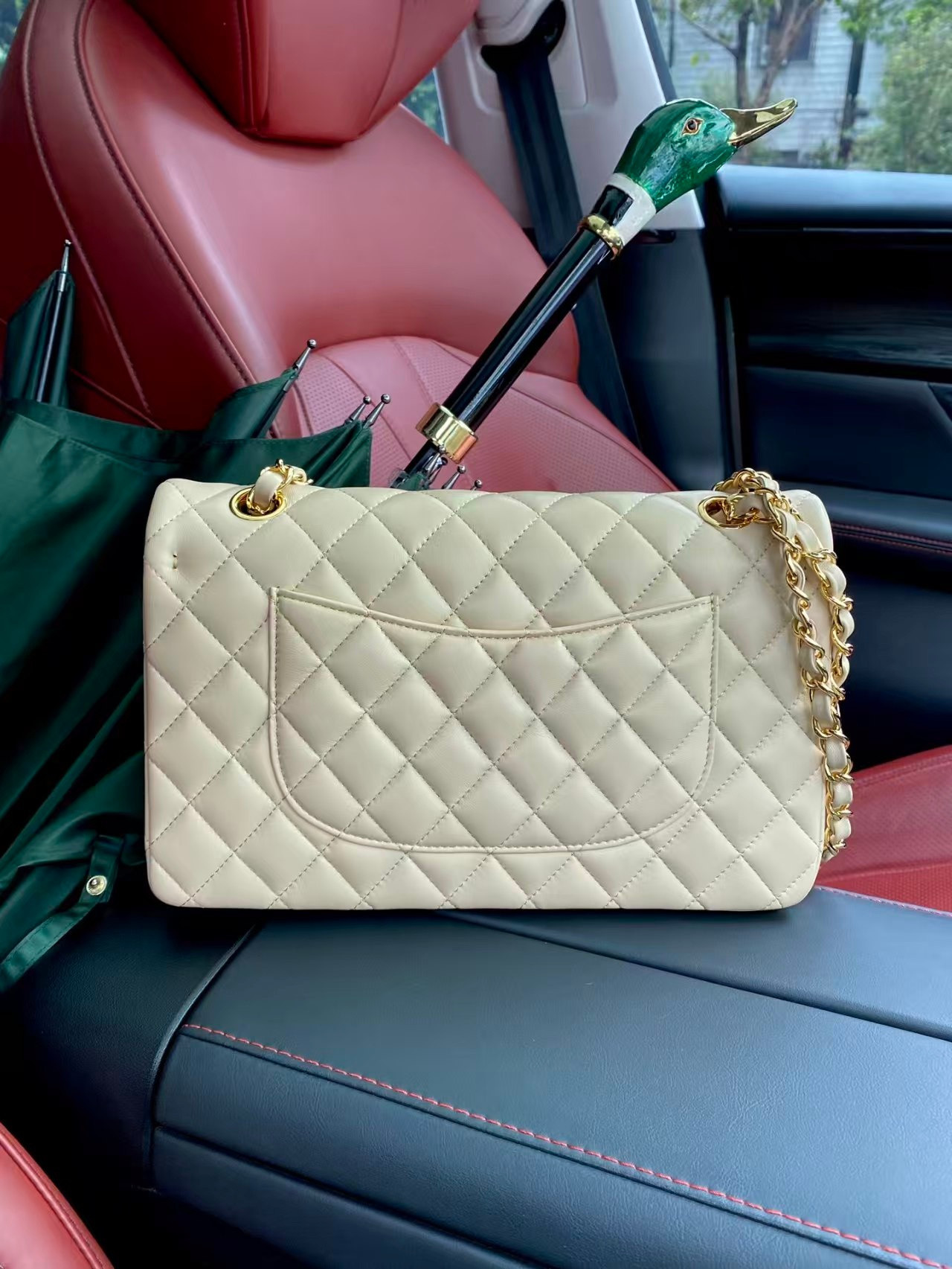 Ch**el Classic Flap Jumbo 25cm CF Khaki Gold 15.5x25.5x6.5cm