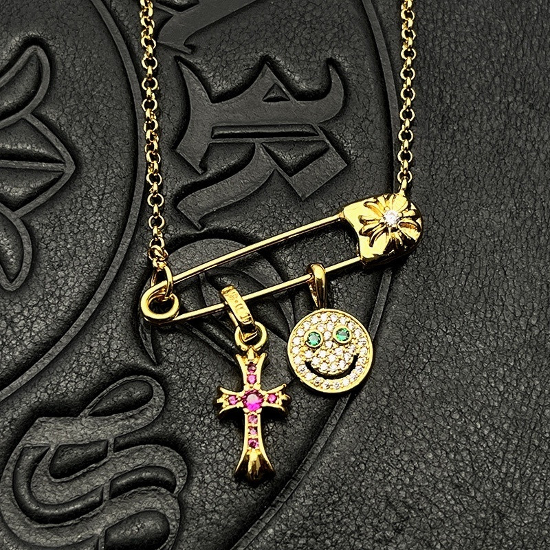 Chrome Hearts Smiley Face Small Cross Necklace (Chain length 45+5cm)