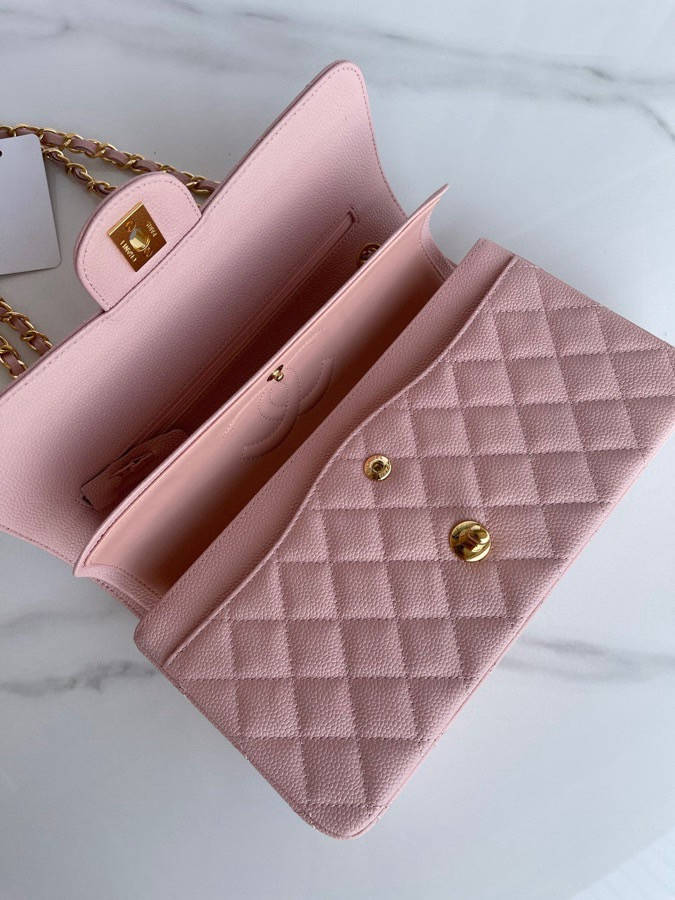 Ch**el CLASSIC HANDBAG GRAINED CALFSKIN & GOLD-TONE METAL PINK 6 × 9.9 × 2.5 in