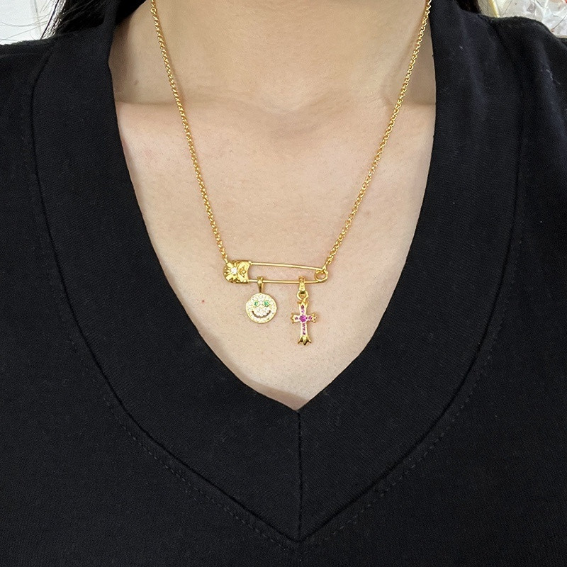 Chrome Hearts Smiley Face Small Cross Necklace (Chain length 45+5cm)