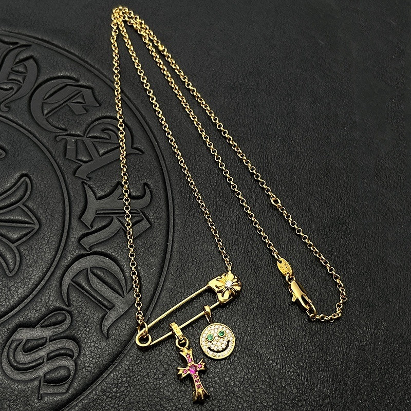 Chrome Hearts Smiley Face Small Cross Necklace (Chain length 45+5cm)