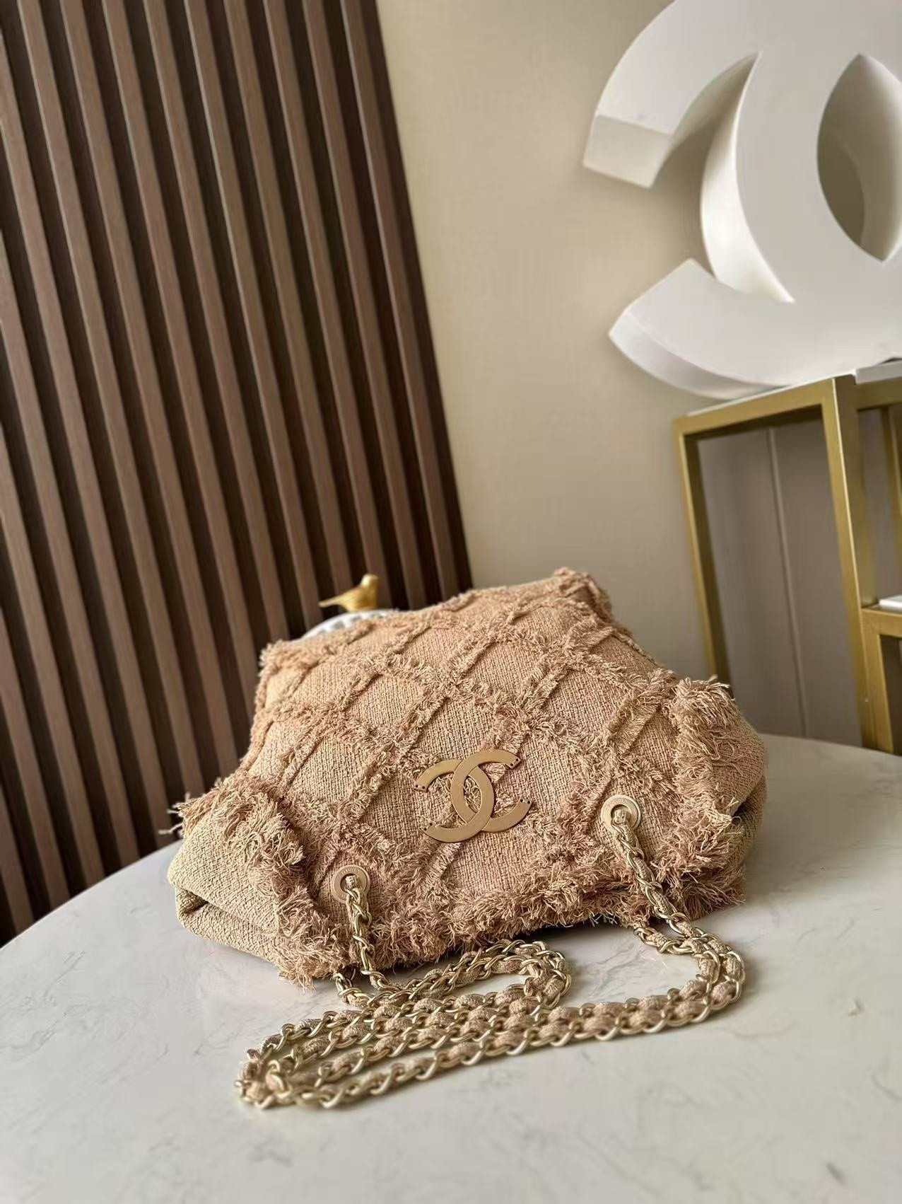 Ch**el Vintage Linen Tassel Tote Straw Bag 48x35x17cm