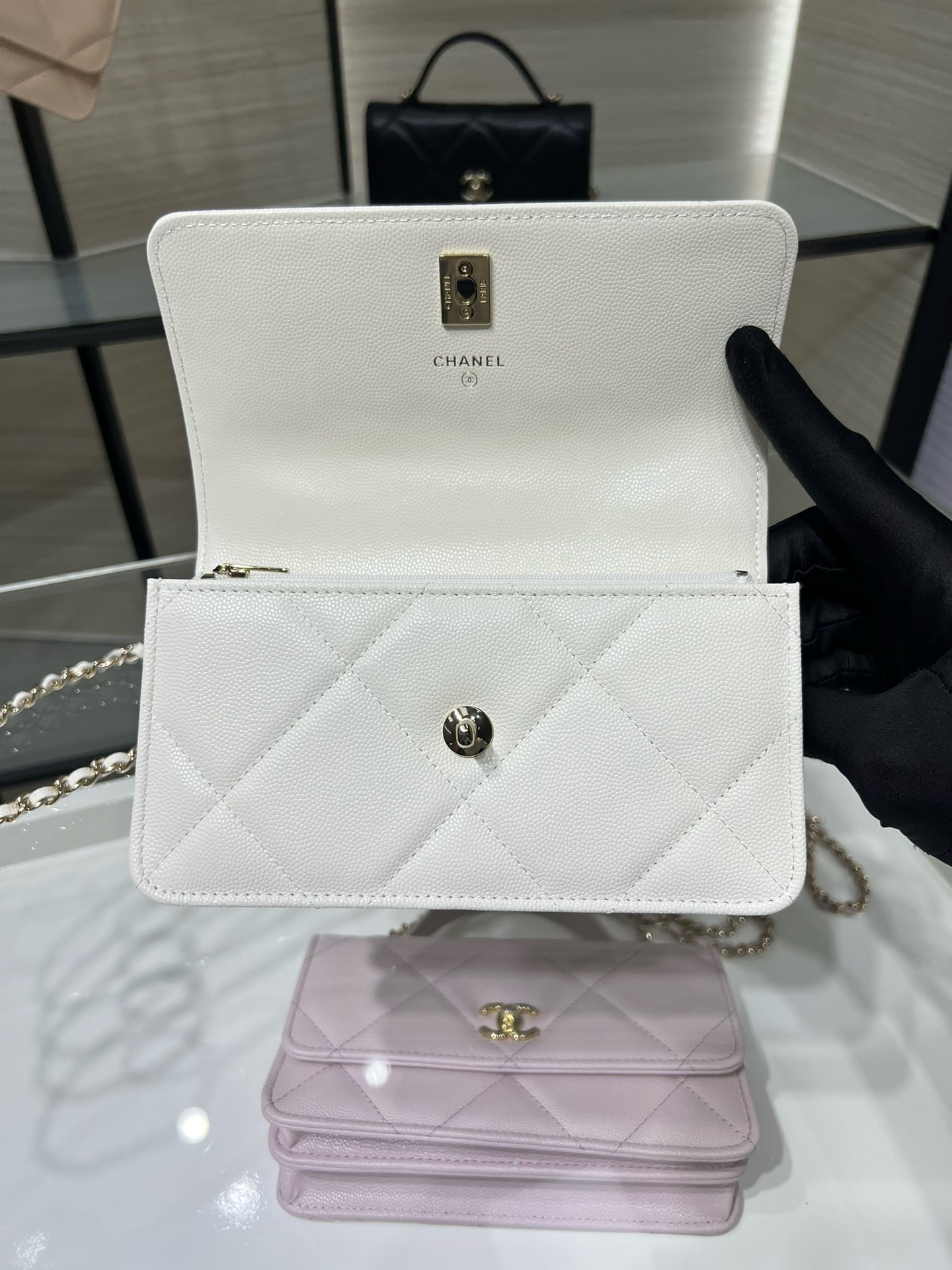 Ch**el flap bag with top handle wallet on chain 11x18.5x6cm