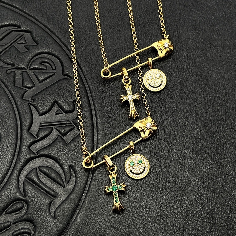Chrome Hearts Smiley Face Small Cross Necklace (Chain length 45+5cm)