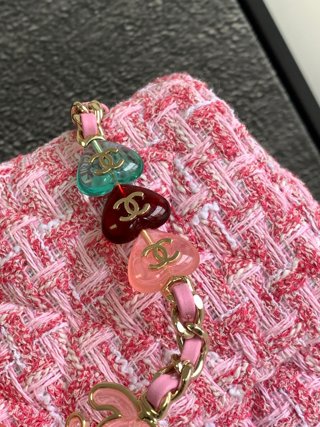 Ch**el flap bag pink tweed 14.5x18.5x6.5cm