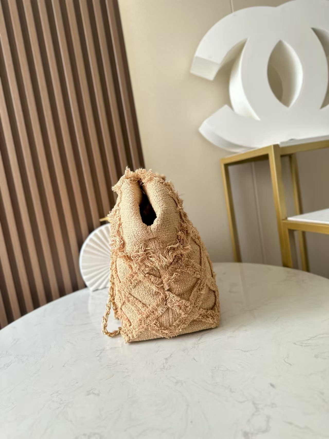 Ch**el Vintage Linen Tassel Tote Straw Bag 48x35x17cm