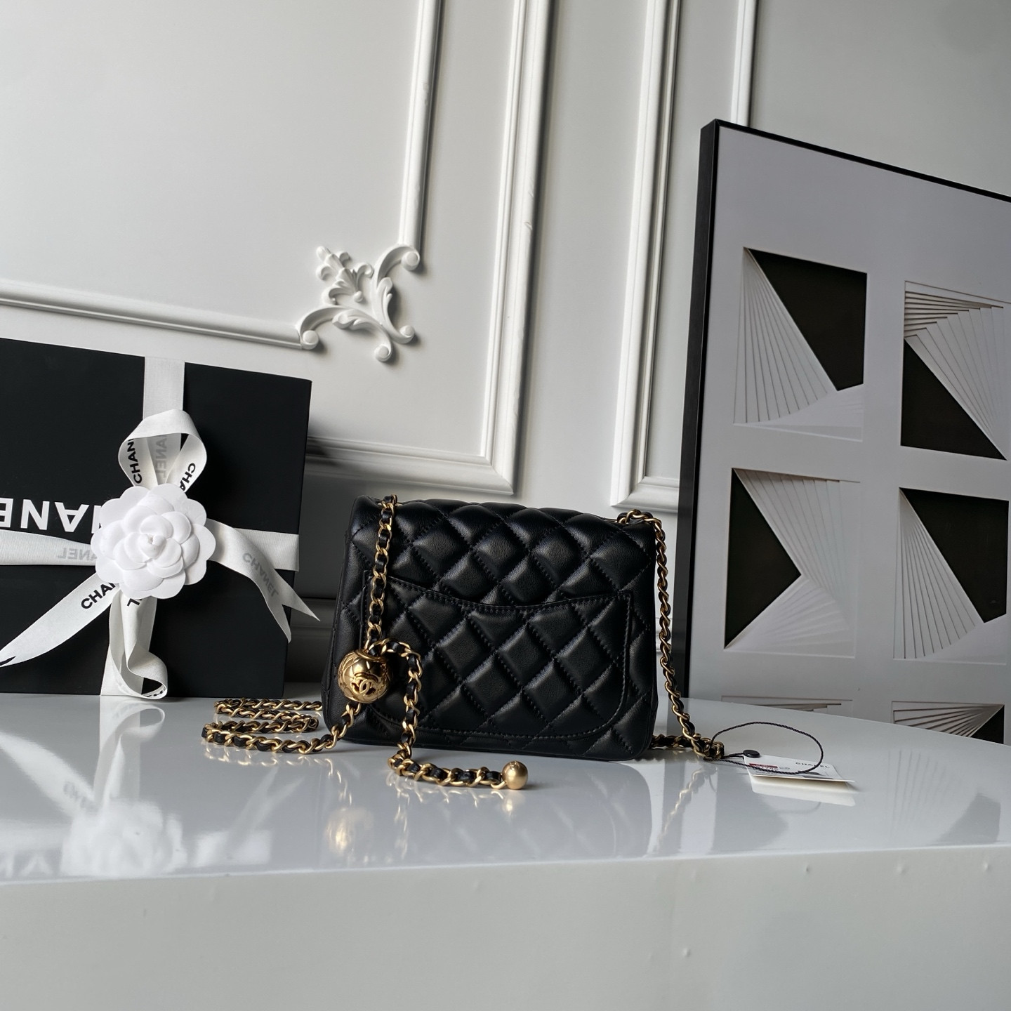 Ch**el MINI FLAP BAG SHINY CALFSKIN & Gold-Tone METAL BLACK 5.3 × 6.6 × 3.1 in