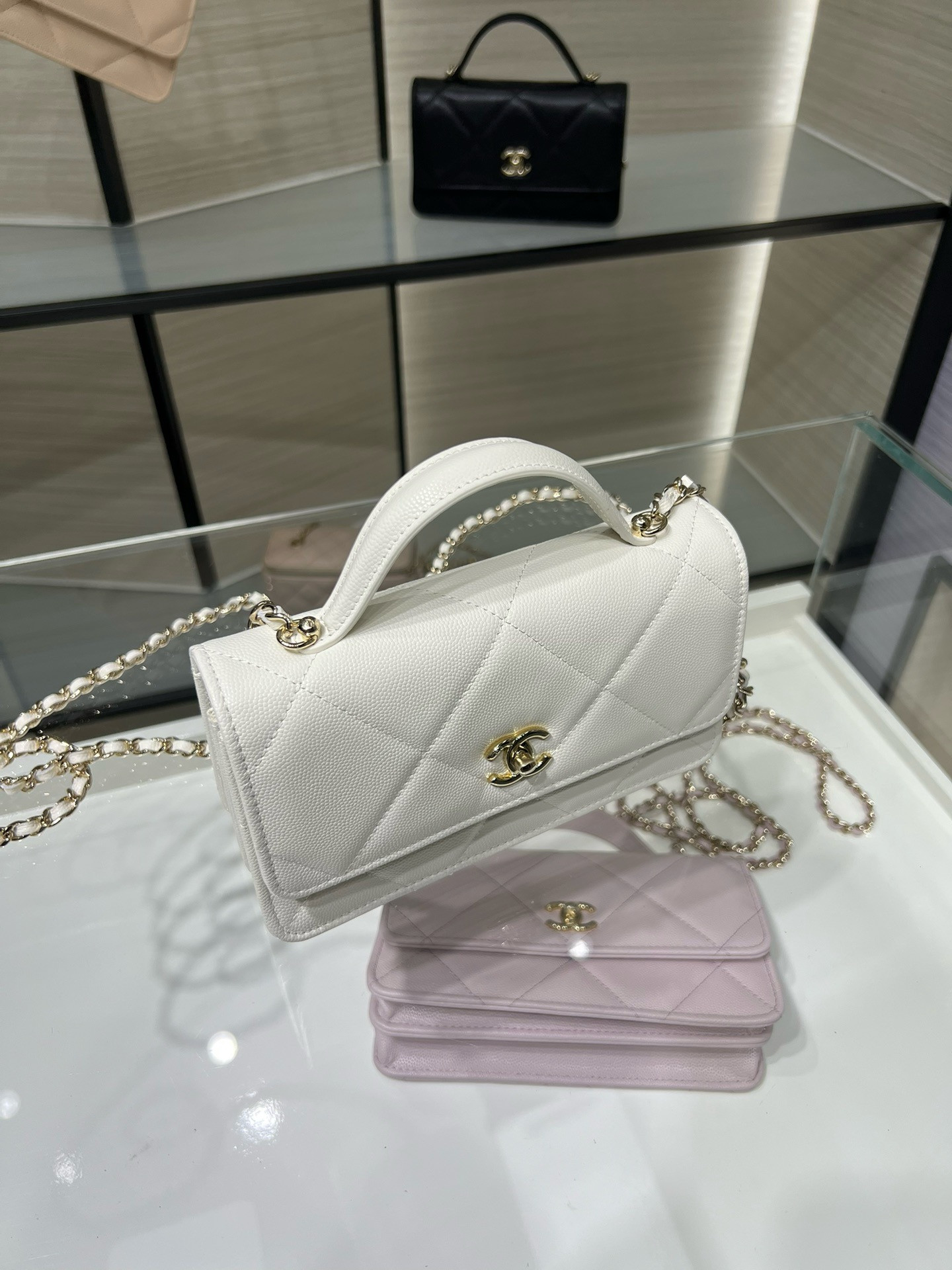 Ch**el flap bag with top handle wallet on chain 11x18.5x6cm