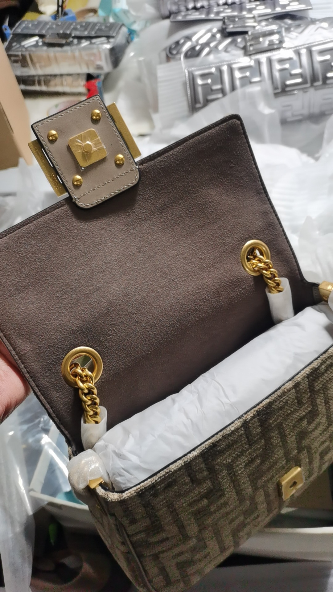 F**di Baguette Chain Midi dove gray tapestry fabric bag with FF motif 14.5x7x24 cm