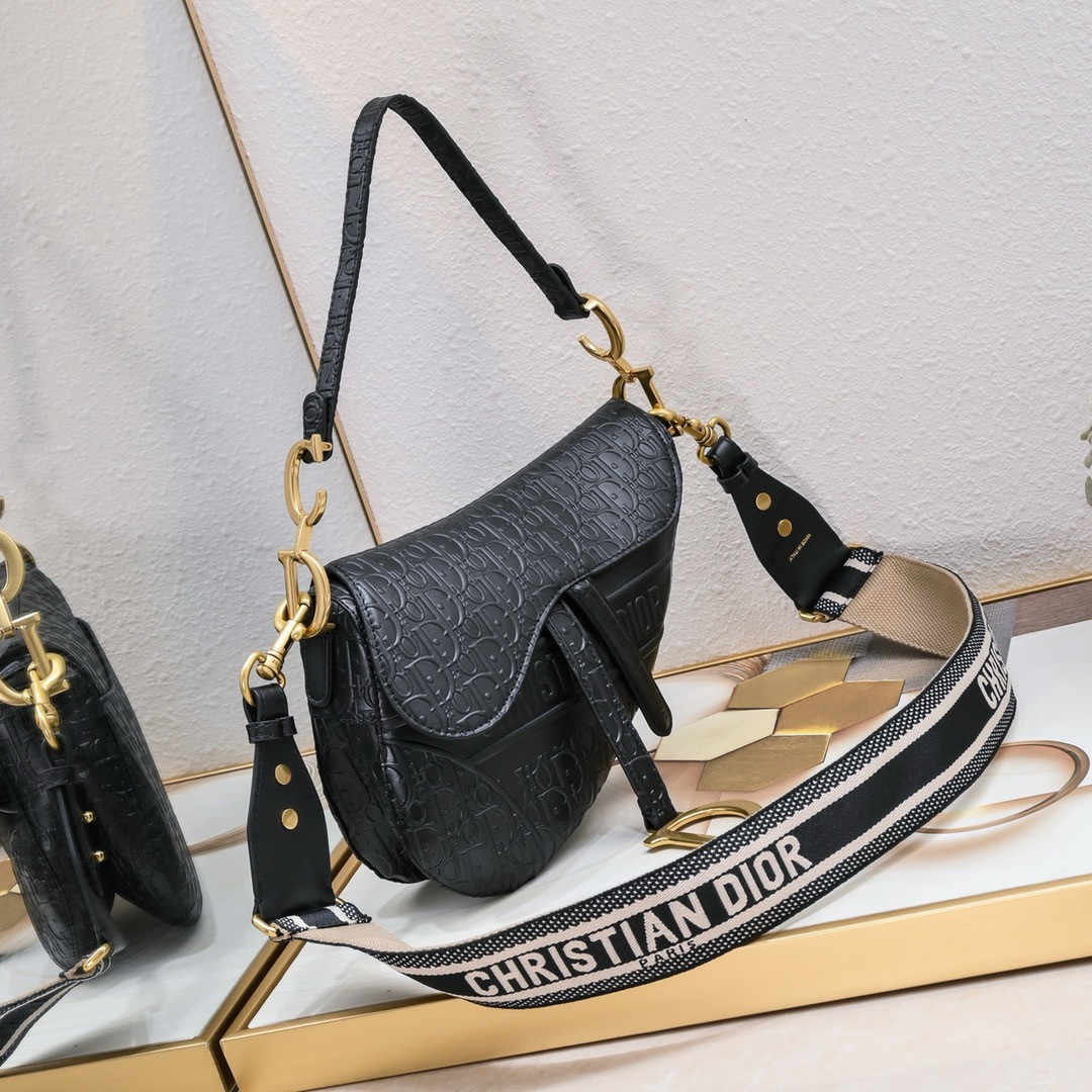 D10r SADDLE BAG WITH STRAP Black Oblique Embossed Calfskin 25.5x20x6.5cm