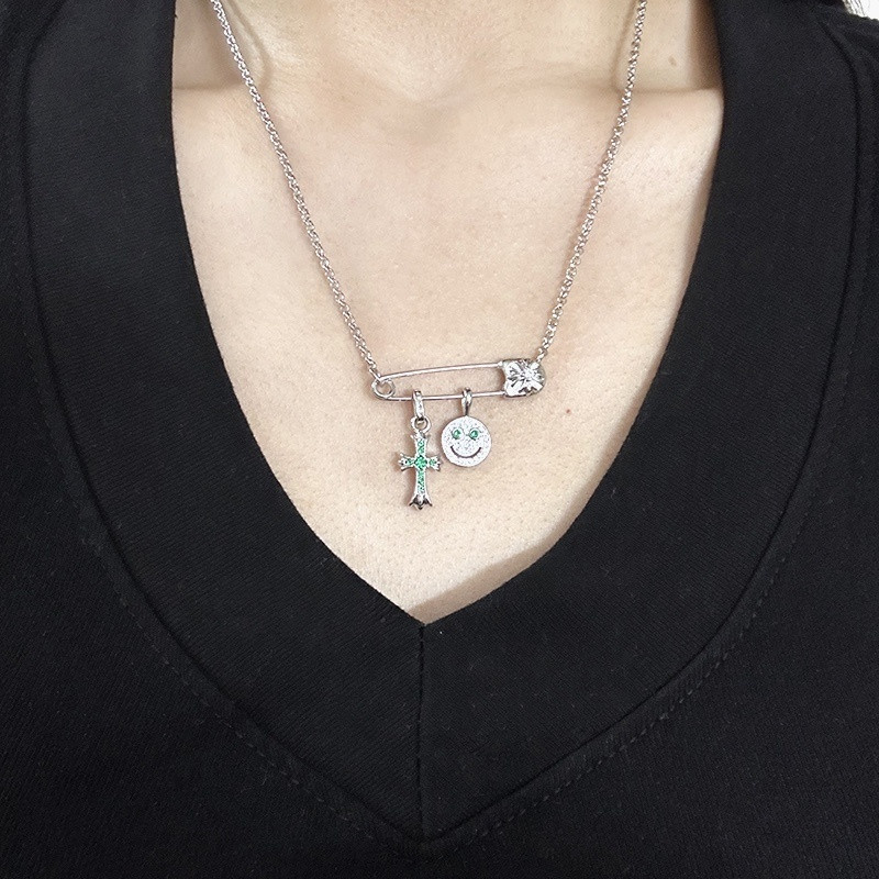 Hearts Smiley Face Small Cross Necklace (Chain length 45+5cm)
