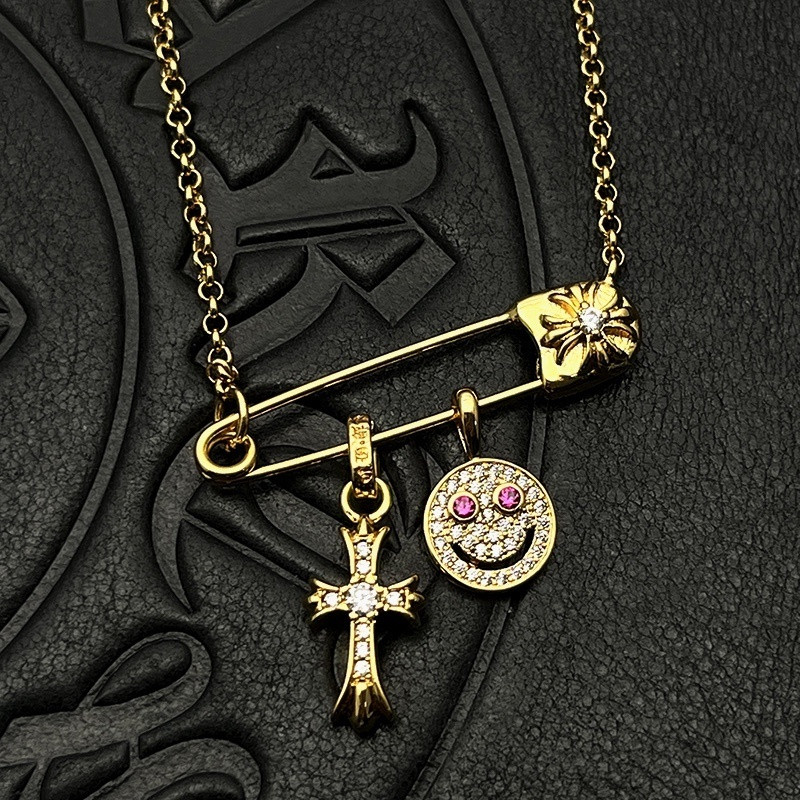Chrome Hearts Smiley Face Small Cross Necklace (Chain length 45+5cm)