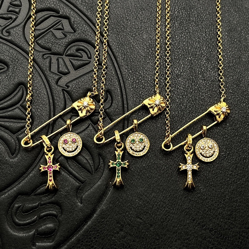 Chrome Hearts Smiley Face Small Cross Necklace (Chain length 45+5cm)