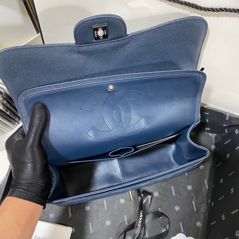 Ch**el Classic Flap Jumbo 30cm CF Blue Silver  7.6 × 11.7 × 3.9 in