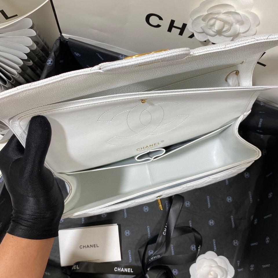 Ch**el Classic Flap Jumbo 30cm CF White Gold  7.6 × 11.7 × 3.9 in