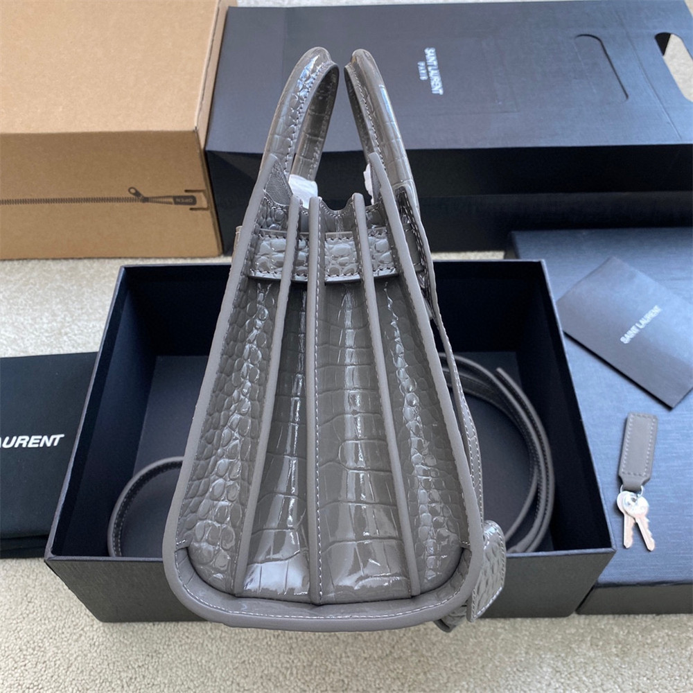 Y51 SAC DE JOUR NANO IN CROCODILE EMBOSSED LEATHER DARK GREY 8.6 X 6.8 X 3.5 INCHES