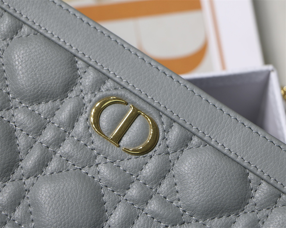 D10r CARO ZIPPED POUCH WITH CHAIN Grey S*pple Cannage Calfskin 19 x 14 x 4.5 cm