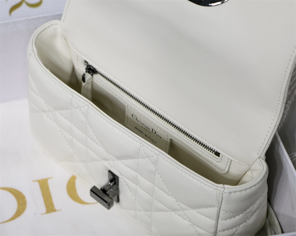 SMALL D10r CARO BAG Ivory S*pple Cannage Calfskin With Silver Hardware 20 x 12 x 7 cm