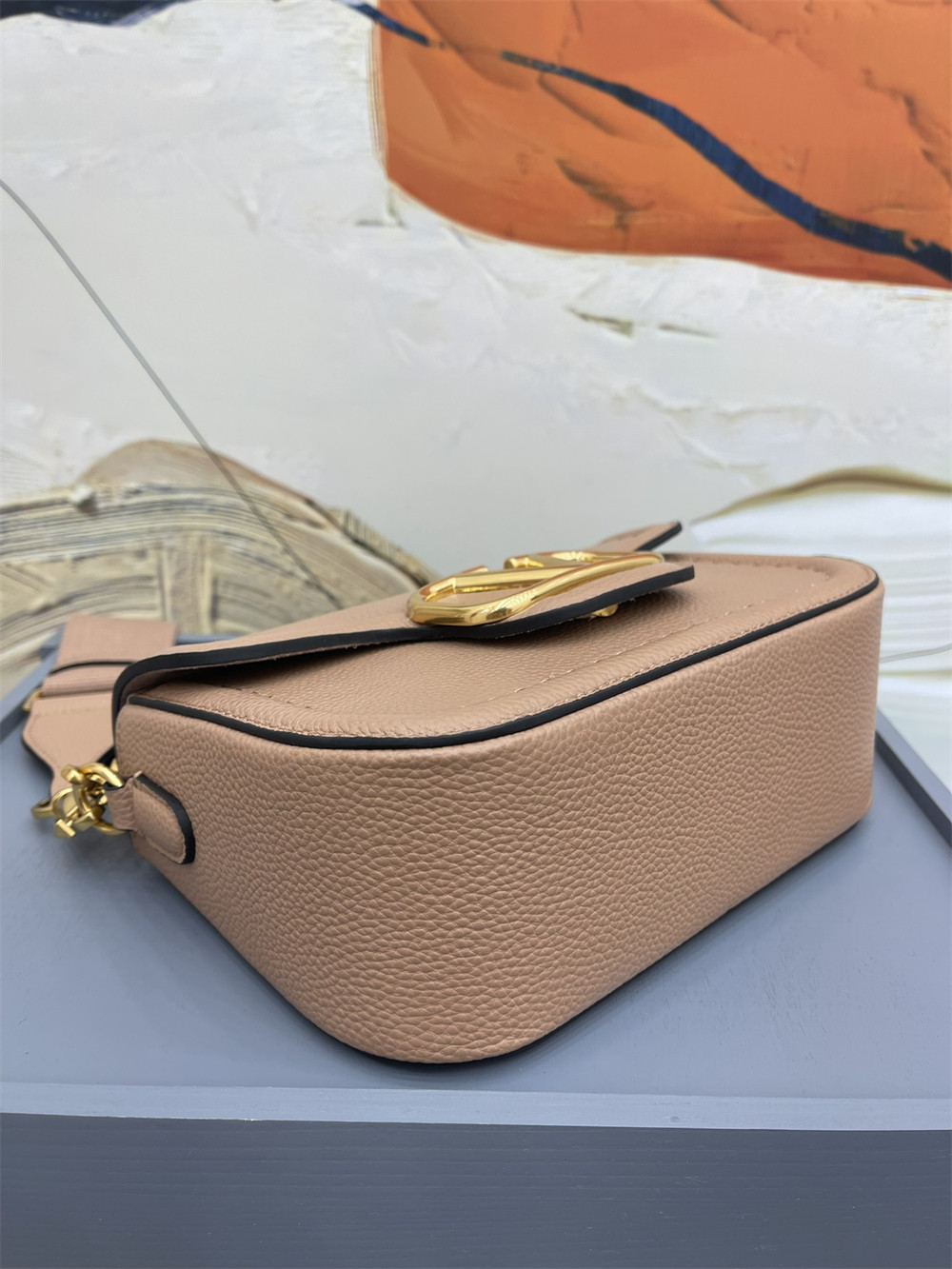 Va1e*ntin0 GARAVANI ALLTIME GRAINY CALFSKIN SHOULDER BAG ROSE CANNELLE 23.5x18X8cm