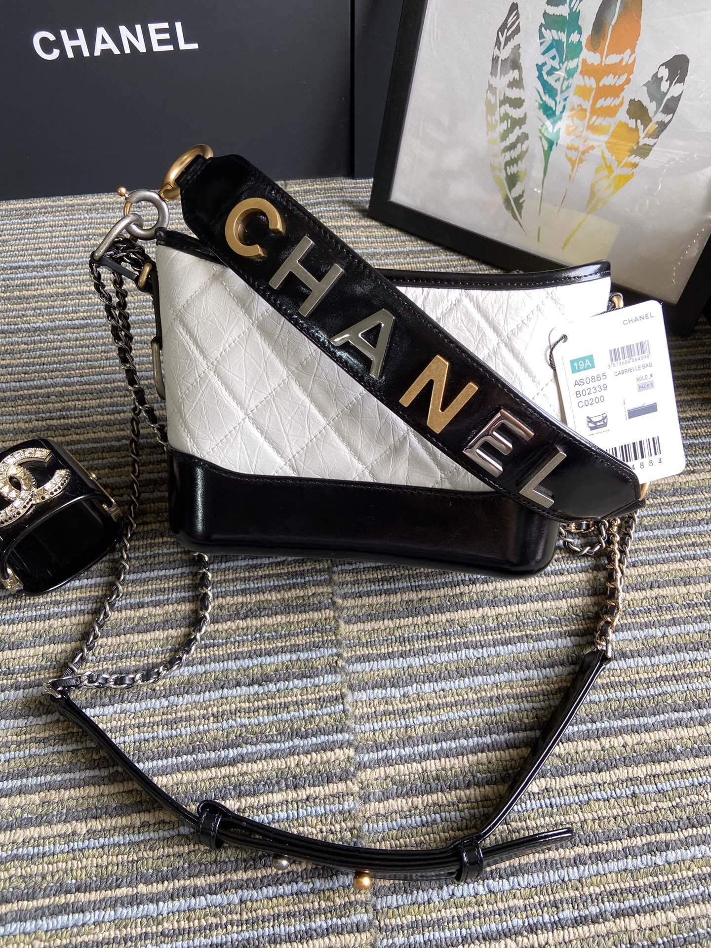 Ch**el Gabrielle SMALL WHITE BLACK with shoulder strap letters 20 x 15 x 8cm