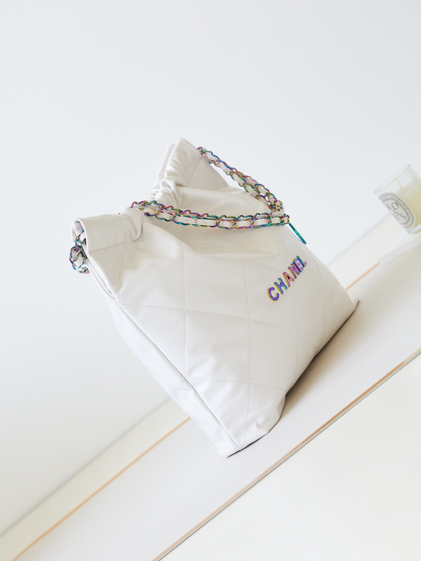 Ch**el 22 SMALL HANDBAG Shiny Calfskin & Rainbow Metal White 15.2×16.4×3.1 in