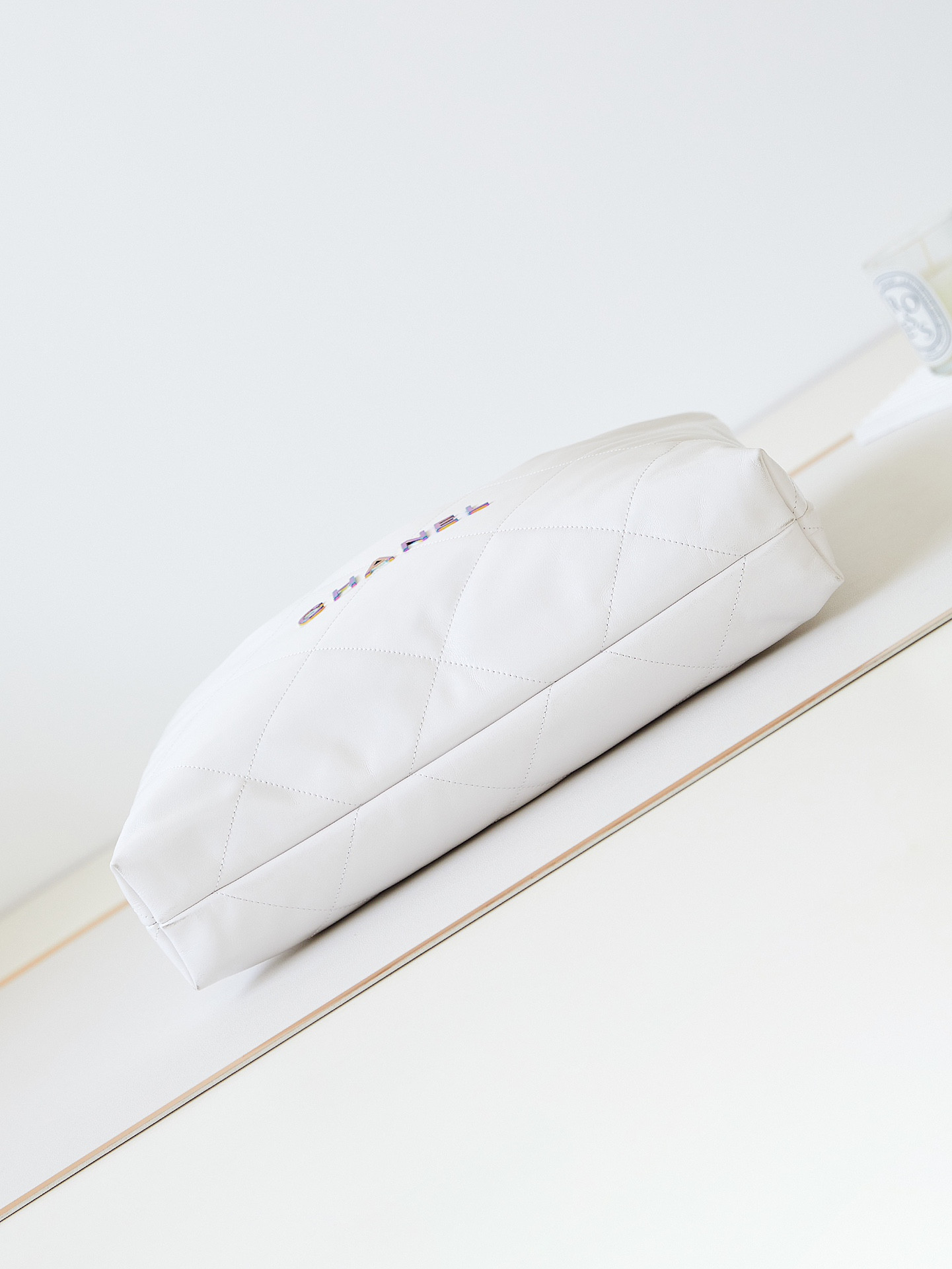 Ch**el 22 SMALL HANDBAG Shiny Calfskin & Rainbow Metal White 15.2×16.4×3.1 in