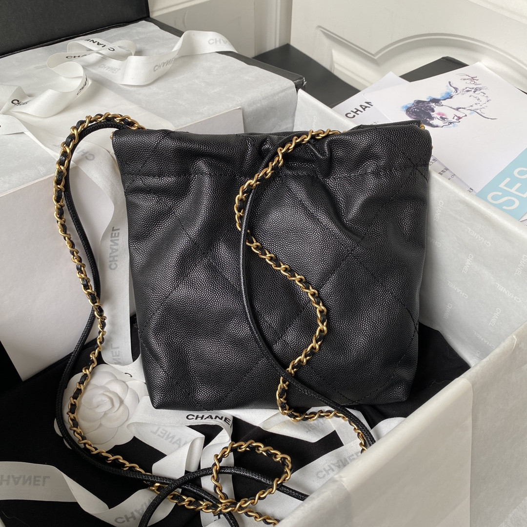 Ch**el 22 MINI HANDBAG GRAINED LEATHER BLACK 7.8 × 7.4 × 2.3 in