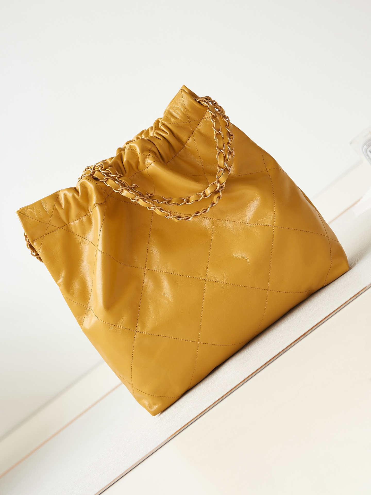 Ch**el 22 SMALL HANDBAG Shiny Calfskin YELLOW 13.7×14.4×2.7 in