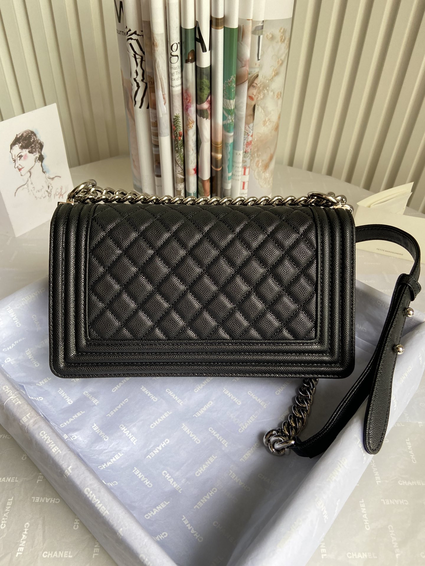 BOY Ch**el HANDBAG Shiny Grained Calfskin & Silver-Tone Metal Black 5.9 × 9.8 × 3.5 in