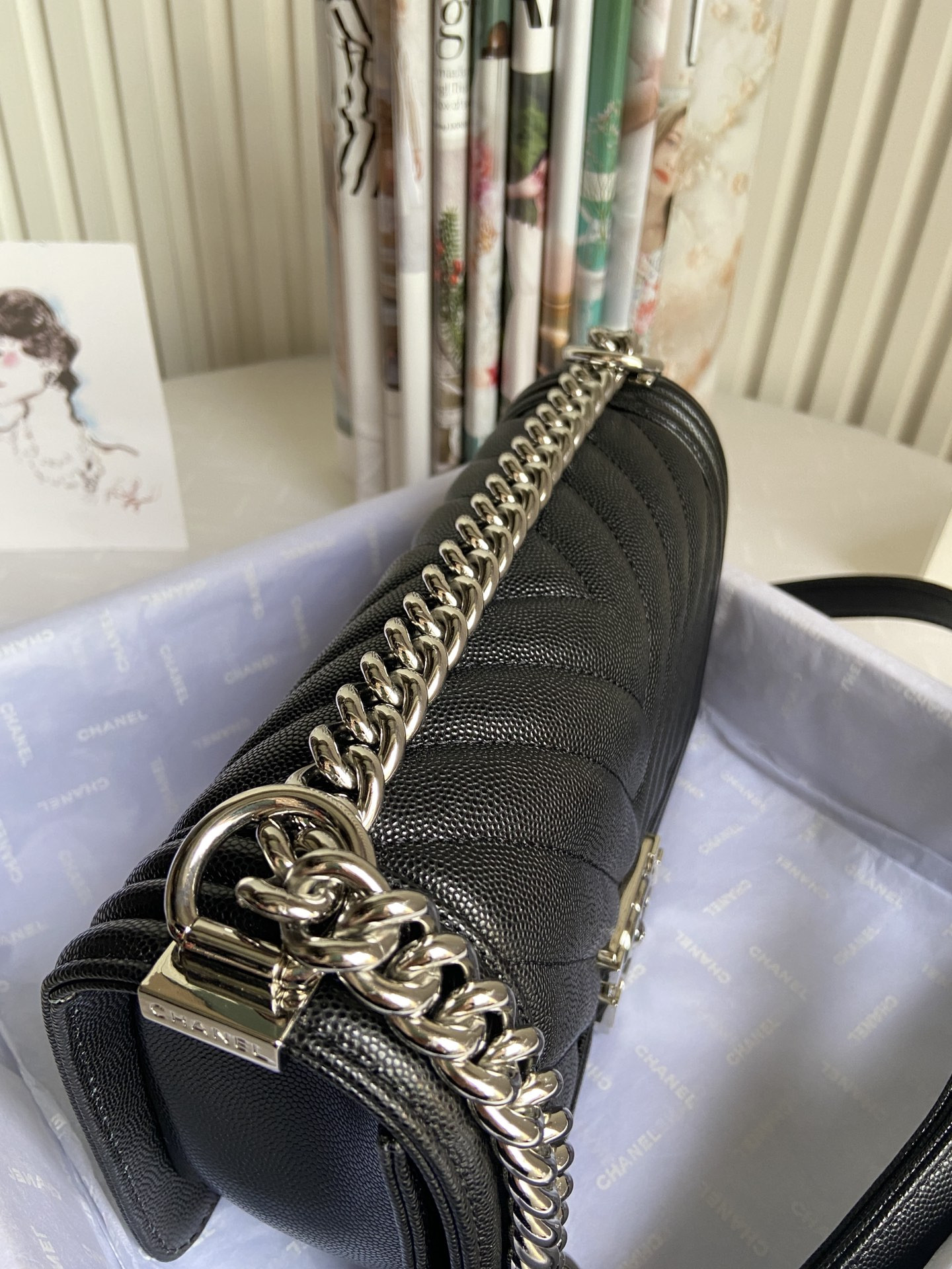 BOY Ch**el HANDBAG Shiny Grained Calfskin & Silver-Tone Metal Black 5.9 × 9.8 × 3.5 in