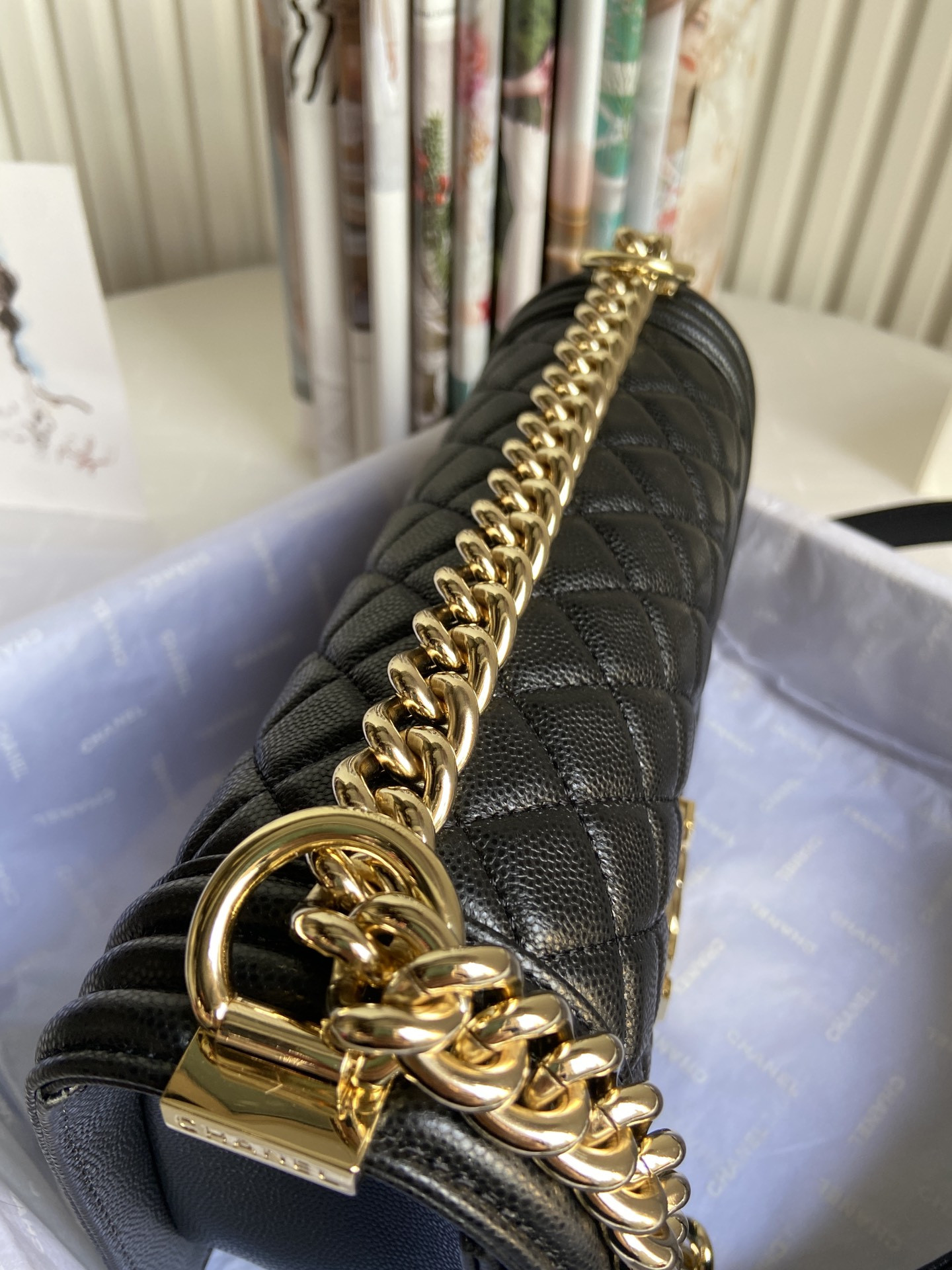 BOY Ch**el HANDBAG Shiny Grained Calfskin & Gold-Tone Metal Black 5.9 × 9.8 × 3.5 in