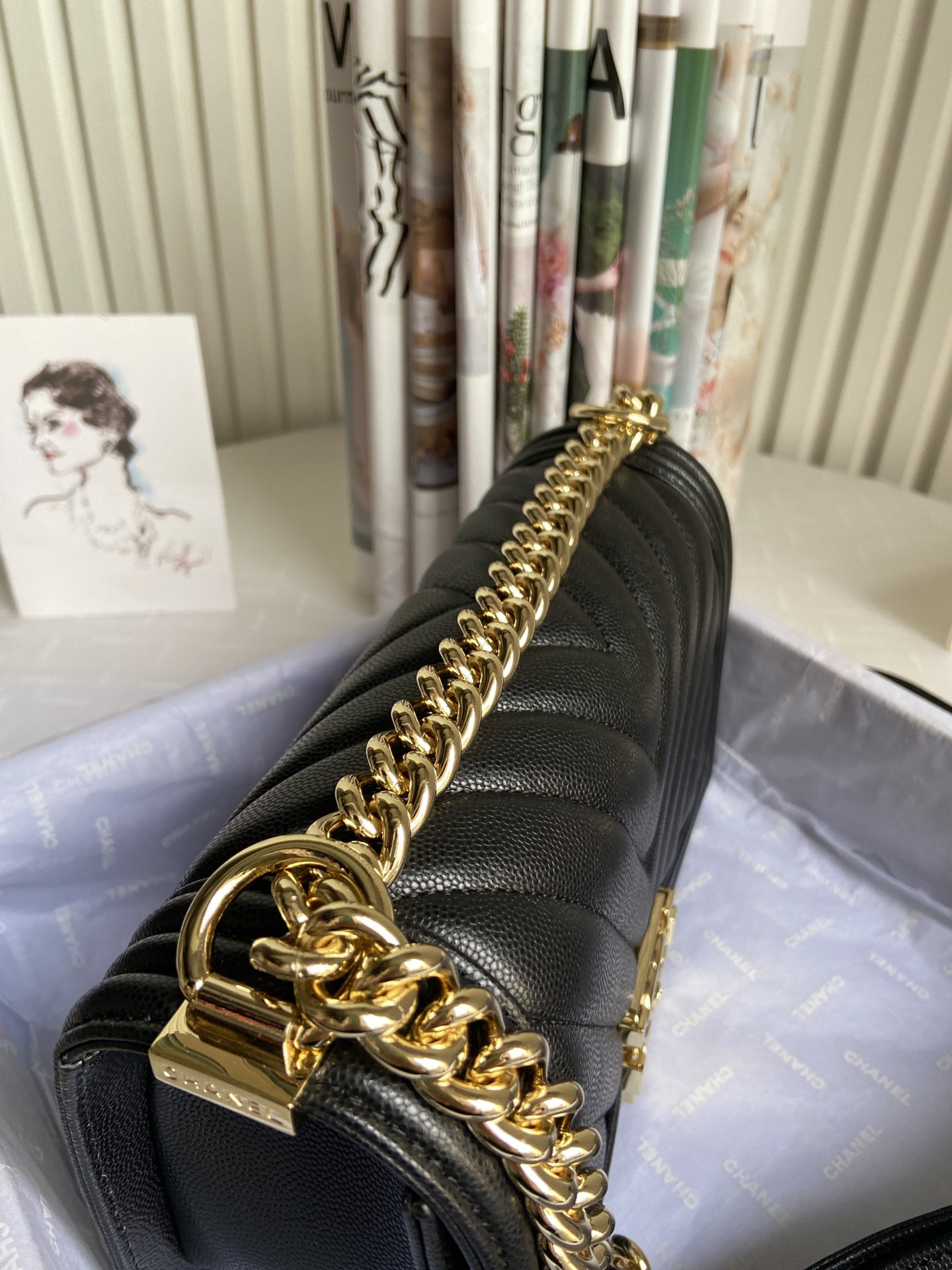 BOY Ch**el HANDBAG Shiny Grained Calfskin & Gold-Tone Metal Black 5.9 × 9.8 × 3.5 in