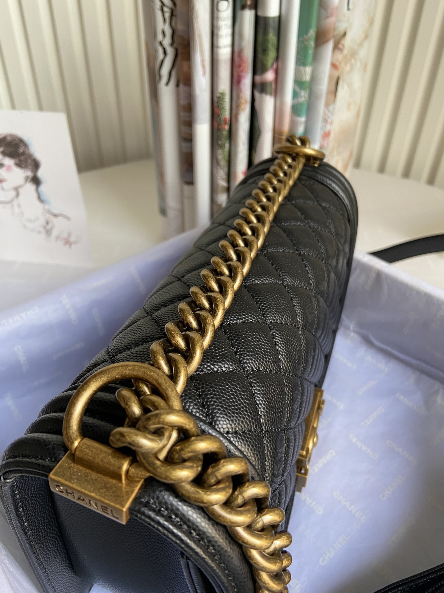 BOY Ch**el HANDBAG Shiny Grained Calfskin 5.9 × 9.8 × 3.5 in