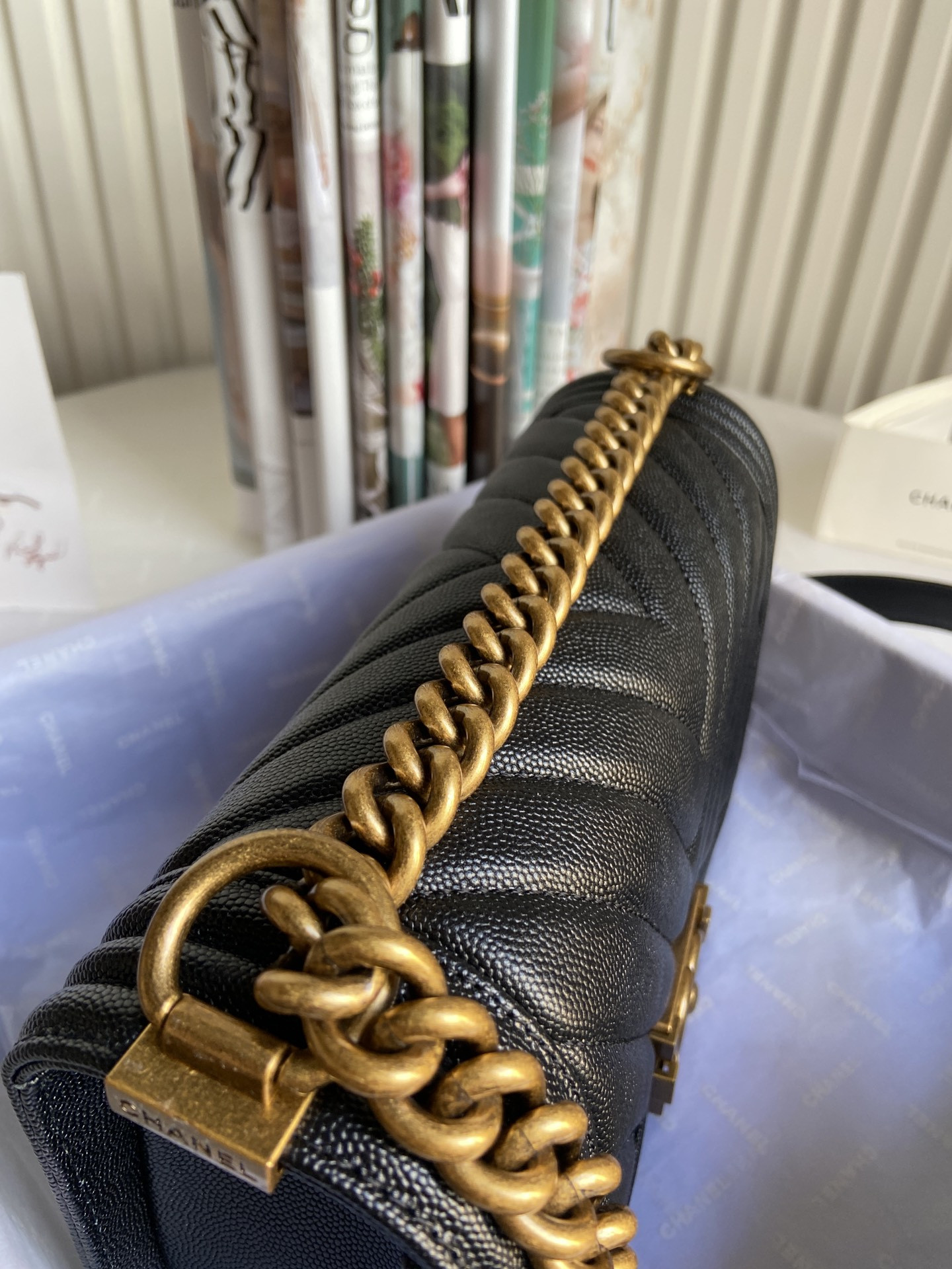 BOY Ch**el HANDBAG Shiny Grained Calfskin Black 5.9 × 9.8 × 3.5 in