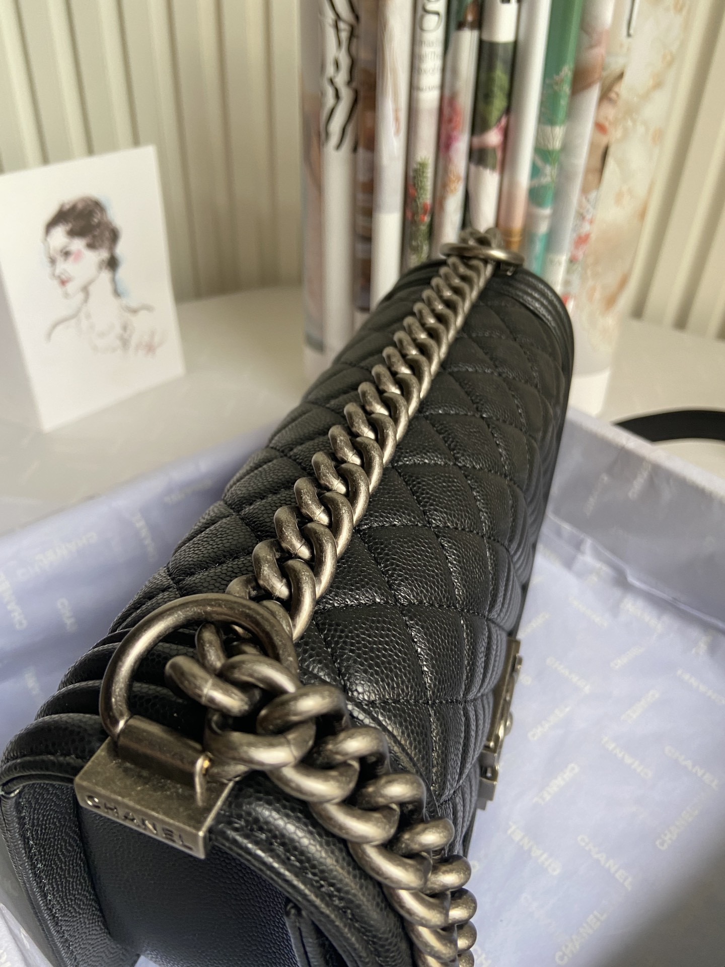 BOY Ch**el HANDBAG Shiny Grained Calfskin 5.9 × 9.8 × 3.5 in