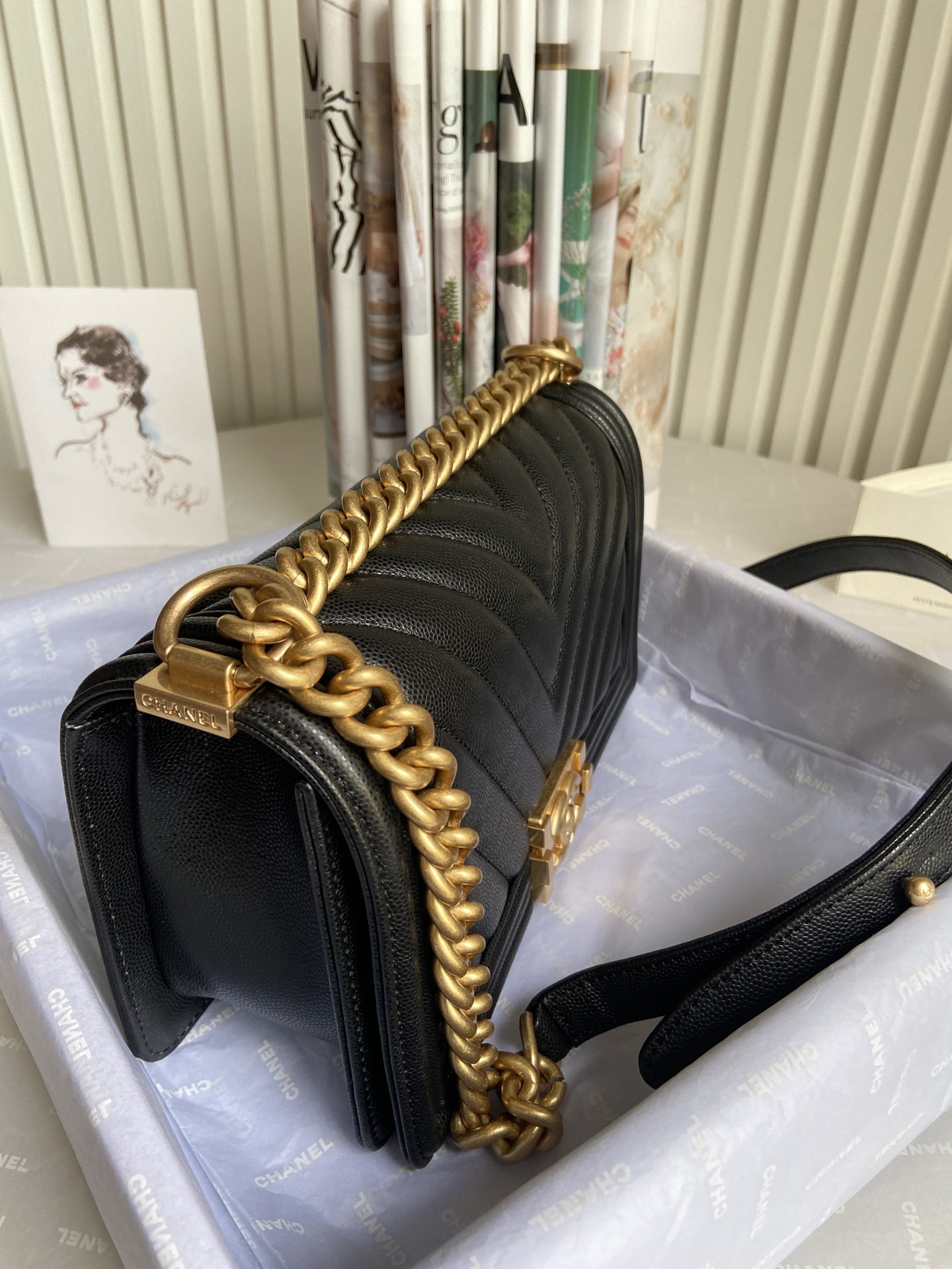 BOY Ch**el HANDBAG Shiny Grained Calfskin Black 5.9 × 9.8 × 3.5 in