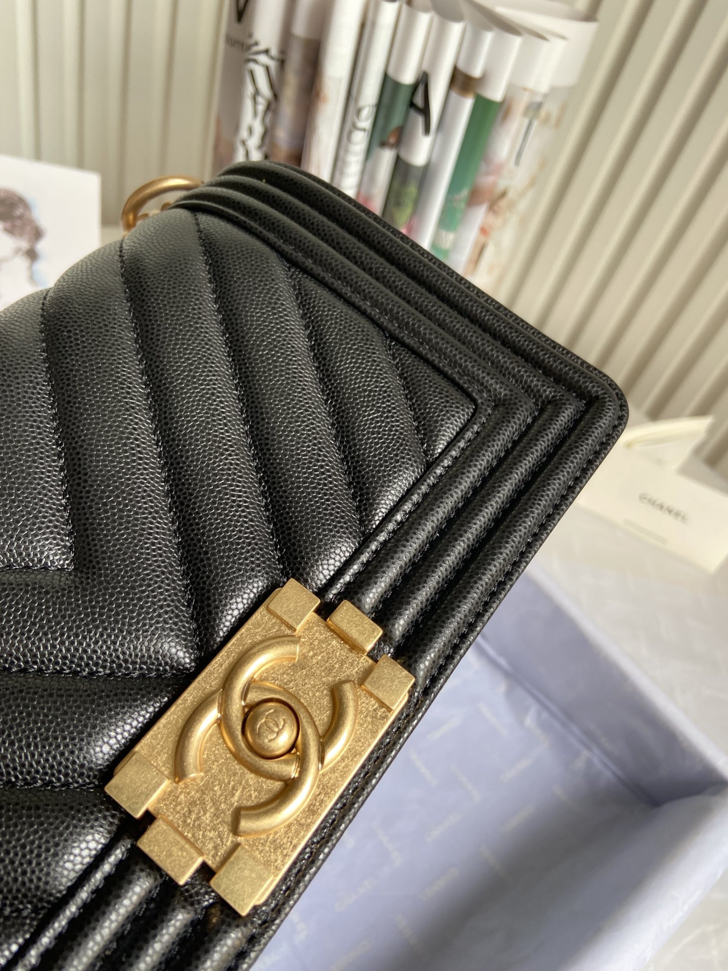 BOY Ch**el HANDBAG Shiny Grained Calfskin Black 5.9 × 9.8 × 3.5 in