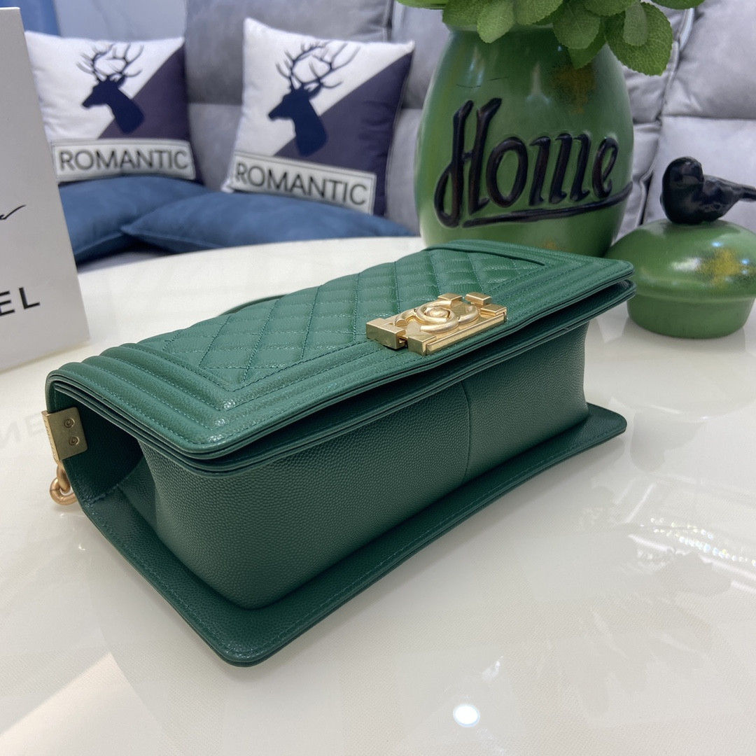 BOY Ch**el HANDBAG Shiny Grained Calfskin & Gold-Tone Metal Green 5.9 × 9.8 × 3.5 in